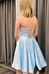 Cute Backless Short Light Blue Satin Prom Homecoming Dress, Open Back Light Blue Formal Graduation Evening Dress A1597