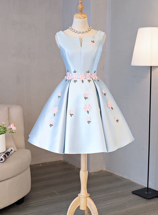 Cute Blue Satin Short Homecoming Dress Party Dress, Blue Prom Dress with Flowers