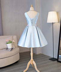 Cute Blue Satin Short Homecoming Dress Party Dress, Blue Prom Dress with Flowers