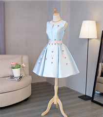 Cute Blue Satin Short Homecoming Dress Party Dress, Blue Prom Dress with Flowers
