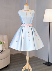 Cute Blue Satin Short Homecoming Dress Party Dress, Blue Prom Dress with Flowers