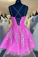 Cute Hot Pink Sequins A-Line Homecoming Dress Short Prom Dress HD0177