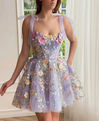 Cute Lavender Floral Mini Homecoming Dress, AST1004