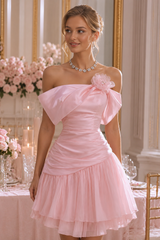 Cute Pink A-Line Pleats Ruffles Flower Short Homecoming Party Dress