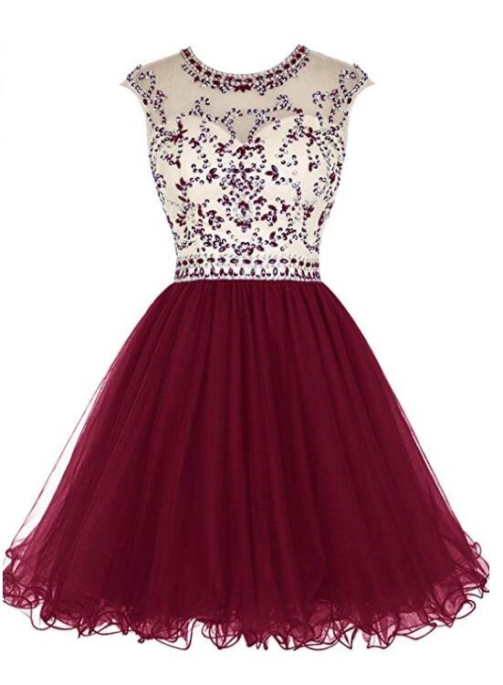 Cute Round Neckline Beaded Tulle Open Back Homecoming Dress, Short Prom Dresses Party Dresses