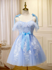 Short Blue Lace Prom Dresses, Short Blue Lace Formal Graduation Dresses