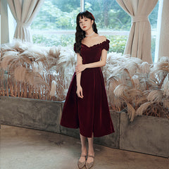 Cute Short Burgundy Sweetheart Off Shoulder Tea Length Party Dress, Velvet Prom Dress