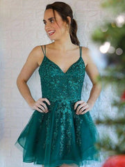 Cute V Neck Short Green Lace Prom Dresses, Short V Neck Green Lace Formal Homecoming Dresses