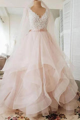 Cute Ball Gown V Neck Pink Tulle Lace Wedding Dresses TN246