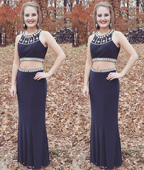 Round Neck Beaded Two Pieces Sleeveless Navy Blue Long Prom Dresses, Sleeveless Navy Blue Formal Dresses