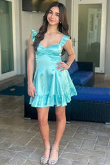 Cyan A-Line Empire-Waist Pleats Satin Sleeveless Short Homecoming Dress