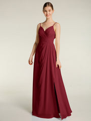Spaghetti Straps V neck Dresses with Slit Burgundy