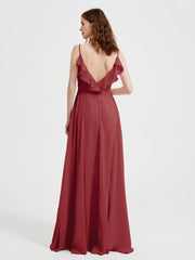 Spaghetti Straps V neck Dresses with Slit Burgundy