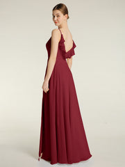 Spaghetti Straps V neck Dresses with Slit Burgundy