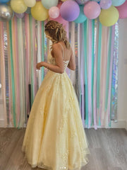 Yellow v neck tulle lace long prom dress, yellow lace formal party dress