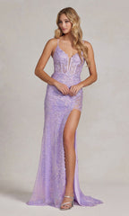 Corset-Back Long Sequin-Lace Prom Dress