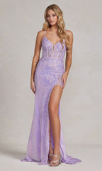 Corset-Back Long Sequin-Lace Prom Dress