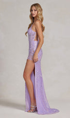 Corset-Back Long Sequin-Lace Prom Dress