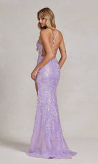 Corset-Back Long Sequin-Lace Prom Dress