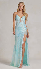 Corset-Back Long Sequin-Lace Prom Dress