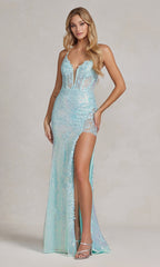 Corset-Back Long Sequin-Lace Prom Dress