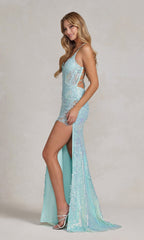 Corset-Back Long Sequin-Lace Prom Dress