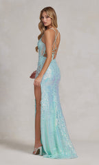 Corset-Back Long Sequin-Lace Prom Dress