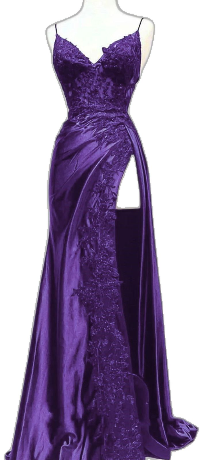 Vintage Purple Applique Satin Prom Dress Spaghetti Strap Evening Gown V-neck Slit Party Dress Long Formal Dress HZ1024