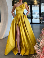 Yellow one shoulder satin long prom dress, yellow evening dress