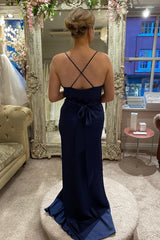 Navy Blue Cowl Neck Ruched Bridesmaid Dress Formal Dresses