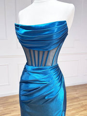 Blue Satin Mermaid Long Prom Dresses, Blue Formal Evening Dresses