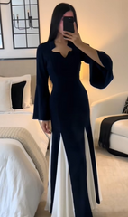 Modest Navy Blue Long Sleeves A-Line Chiffon Long Formal Party Dress, HZ0319