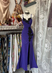 Elegant Spaghetti Straps Mermaid Long Prom Dresses Slit Tight Formal Dress