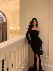 Sexy Sheath Off The Shoulder Black Slit Long Sleeves Prom Dresses Birthday Outfits SD405