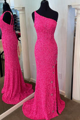 One Shoulder Stars Mermaid Sequins Long Formal Dress with Side Slit