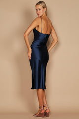 Cowl Neck Satin Midi Formal Cocktail Dress