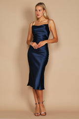 Cowl Neck Satin Midi Formal Cocktail Dress