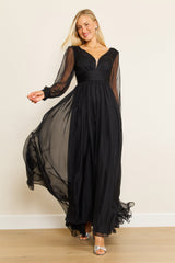 Long Sleeve Chiffon Black Formal Dress