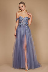 Long Strapless Floral Off Shoulder Formal Prom Dress