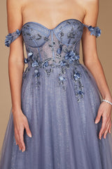 Long Strapless Floral Off Shoulder Formal Prom Dress
