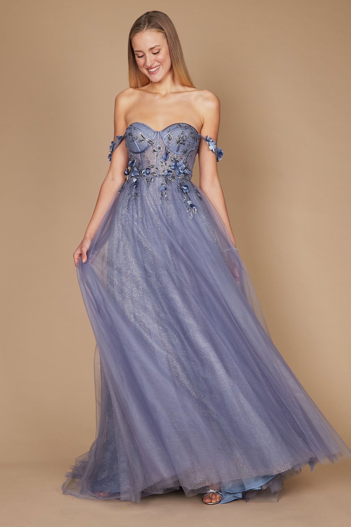 Long Strapless Floral Off Shoulder Formal Prom Dress