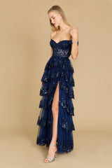 Long Sequin Sheer Corset Prom Dress