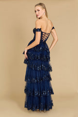 Long Sequin Sheer Corset Prom Dress