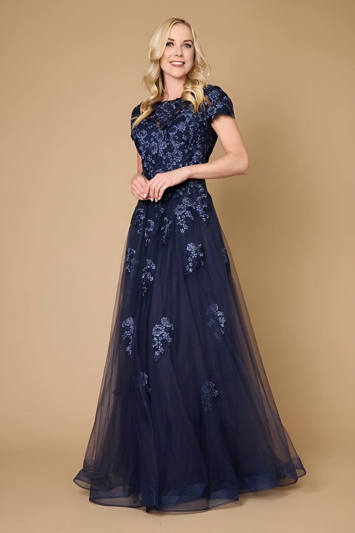 Long Lace Navy Mother of the Bride Dress