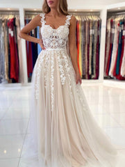 A-Line Sweetheart Neck Tulle Lace Champagne Long Prom Dress, Lace Evening Dress