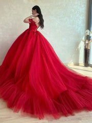 Sweetheart Neck Ball Gown Red Long Prom Dress, Red Lace Formal Graduation Dress