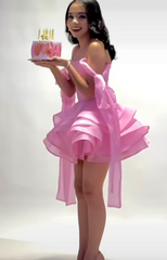 Cute Ball Gown Off The Shoulder Pink Chiffon Mini Short Formal 8th Grade Homecoming Dresses Summer Middle School Hoco Dress Homecoming Outfits Birthday Outfit DH1009