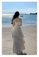 Elegant Mermaid Spaghetti Straps White Satin Long Prom Dresses Party Dress Summer 22th Birthday Outfits 18th Birthday Dresses DH1051