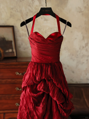 Elegant Sheath Halter Wine Red Satin Long Prom Dresses Party Dress Summer 20th Birthday Outfits 18th Birthday Dresses DH1139