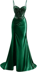 Elegant Mermaid Spaghetti Straps Green Satin Long Prom Dresses Party Dress Summer 20th Birthday Outfits 18th Birthday Dresses DH1278
